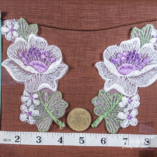 左右花花朵蕾絲-歐式古典簡約白花紫心花片-長約14公分-一對