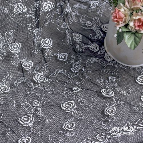 布碼蕾絲-網狀蕾絲法式浪漫華麗玫瑰花邊-寬約150公分(黑白)